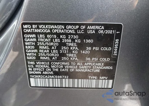 2021 Volkswagen Atlas 3.6L V6 Se W/Technology из США, поврежденный, VIN 1V2KR2CA2MC596732